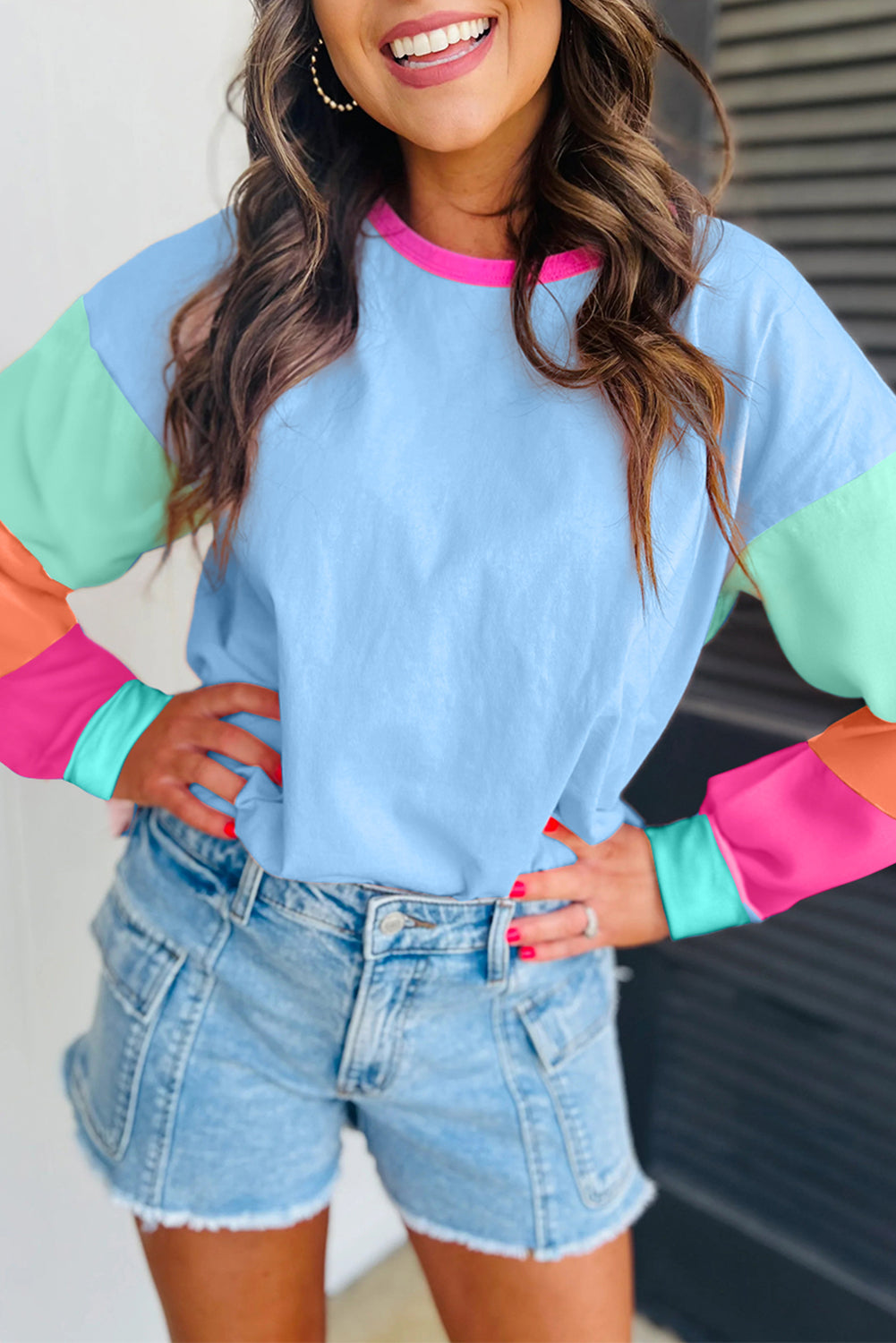 Dark Blue Colourblock Patchwork Long Sleeve Loose Top eAura