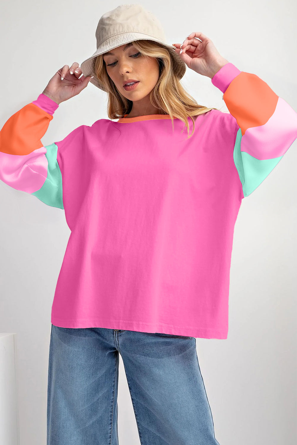 Dark Blue Colourblock Patchwork Long Sleeve Loose Top eAura