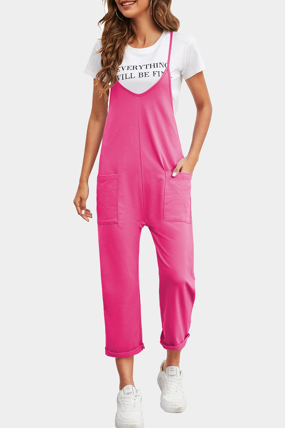 Green Pocketed Adjustable Spaghetti Strap Straight Leg Jumpsuit eAura