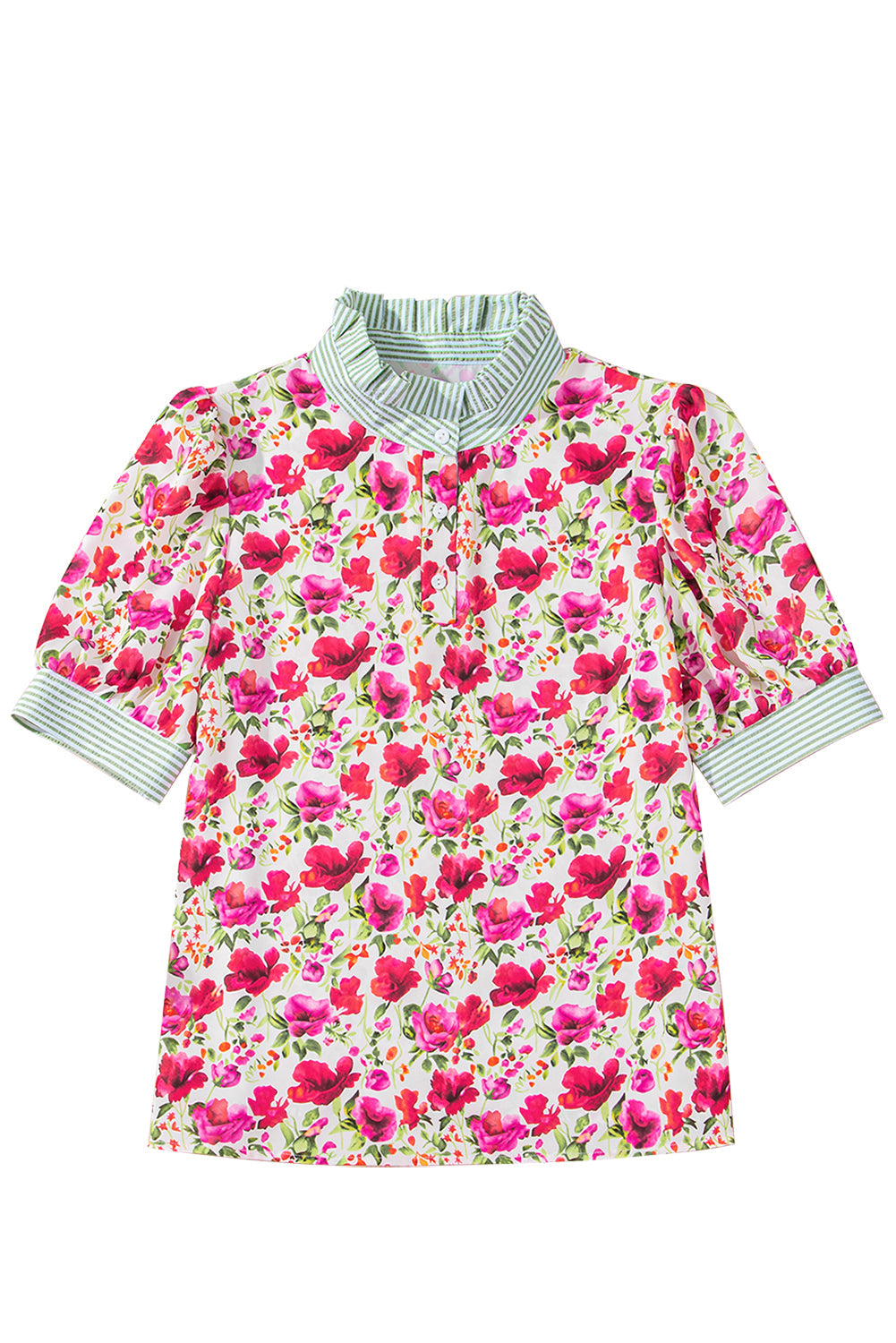 Red Floral Print Striped Patchwork Collared Short Sleeve Blouse eAura