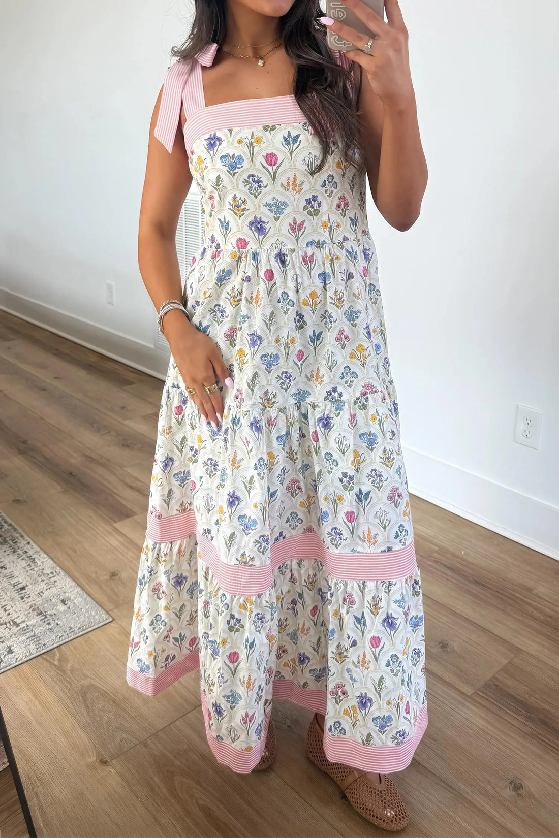 Floral Print Striped Detail Knot Straps Maxi Dress – Multicolour