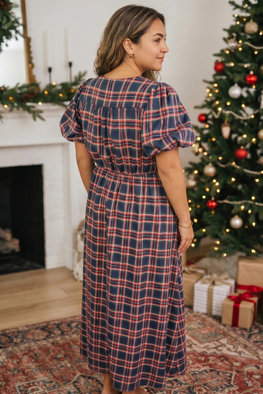 Plaid V Neck Belted Waist Short Sleeve Plus Size Dress – Black