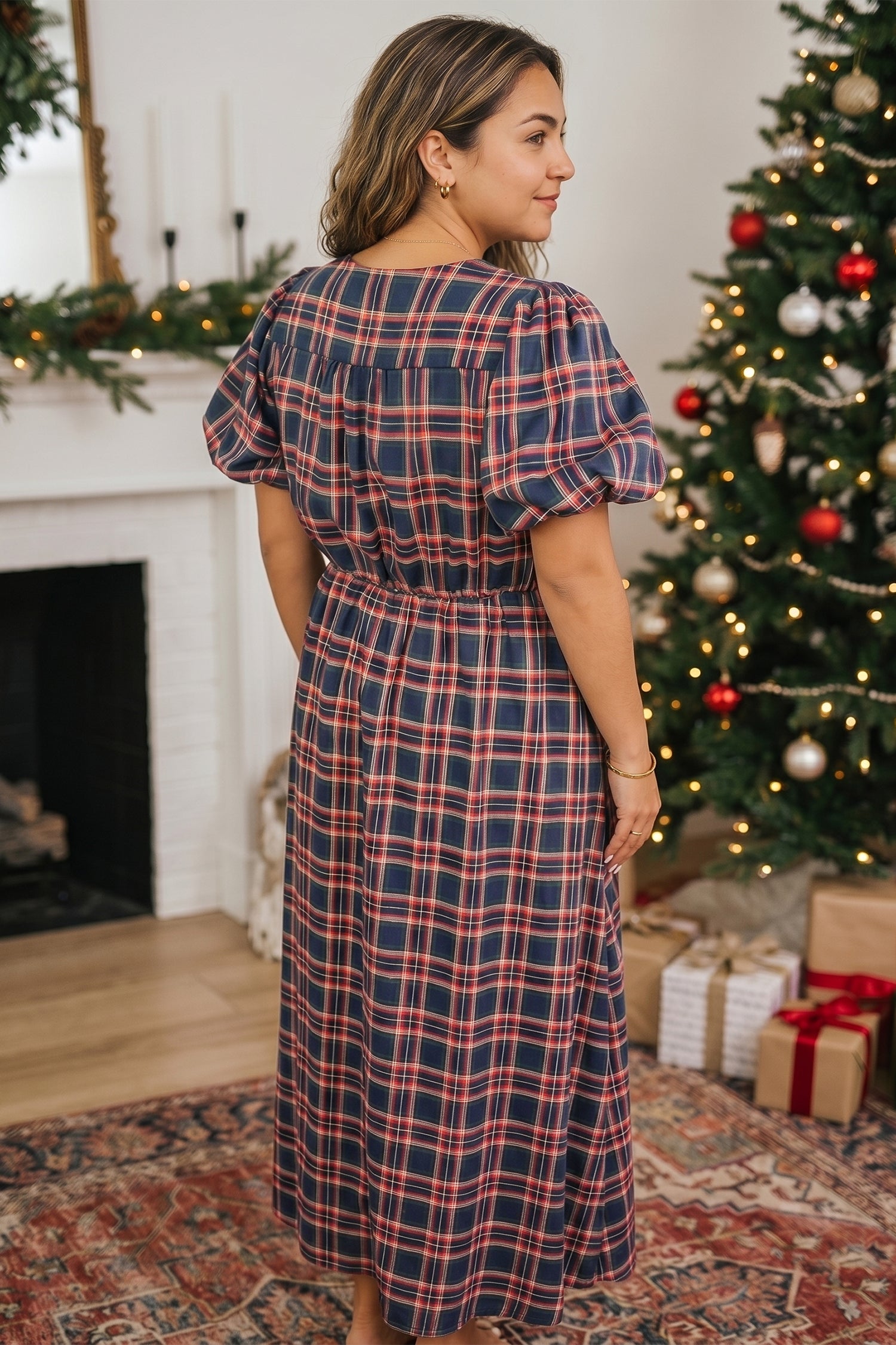 Plaid V Neck Belted Waist Short Sleeve Plus Size Dress – Black