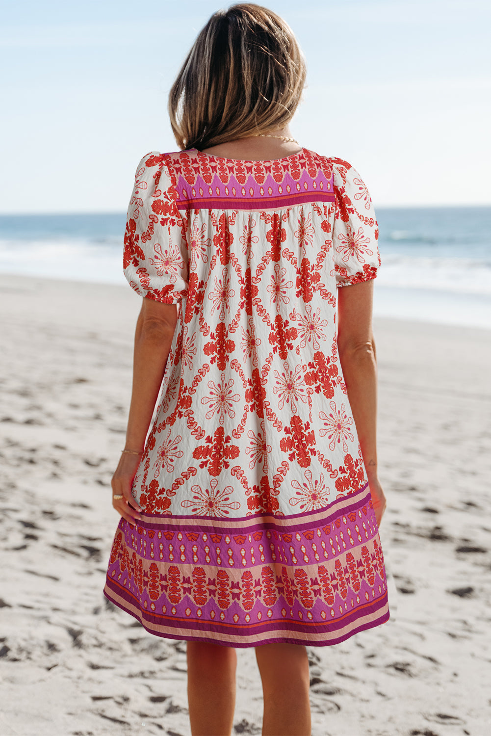 Rose Boho Floral Short Sleeve Lace-up V Neck Mini Dress eAura