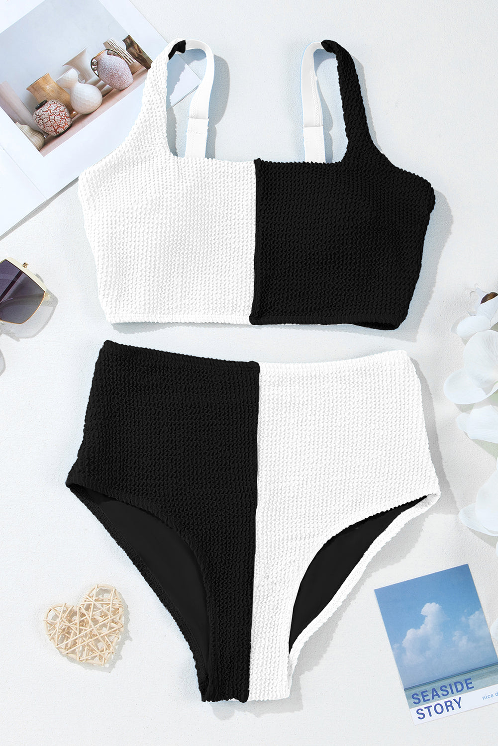 Corded Colorblock Square Neck High Waist Bikini Set