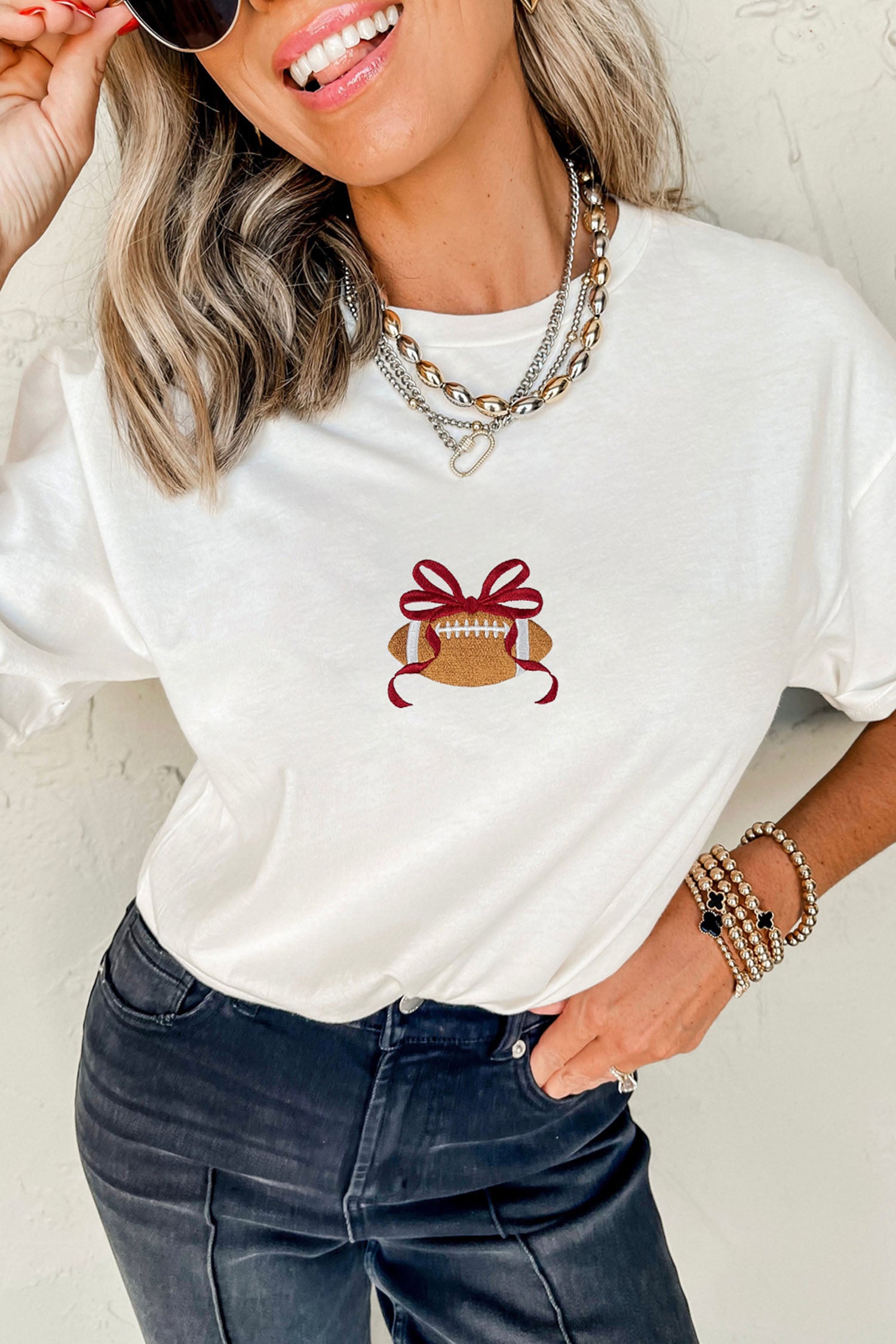 Embroidered Bow Rugby Graphic Casual T-Shirt – White