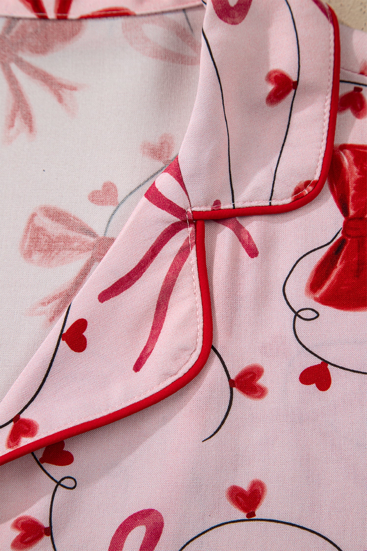 Bow Print Valentine Long Sleeve Shirt Shorts 2 Pcs Pajama Set – Red