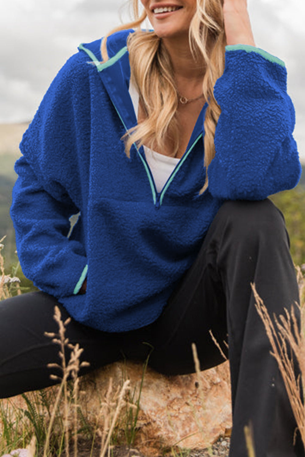 Blue Sherpa Half Zip Contrast Trim Pullover Hoodie Dear-Lover Dropshipping
