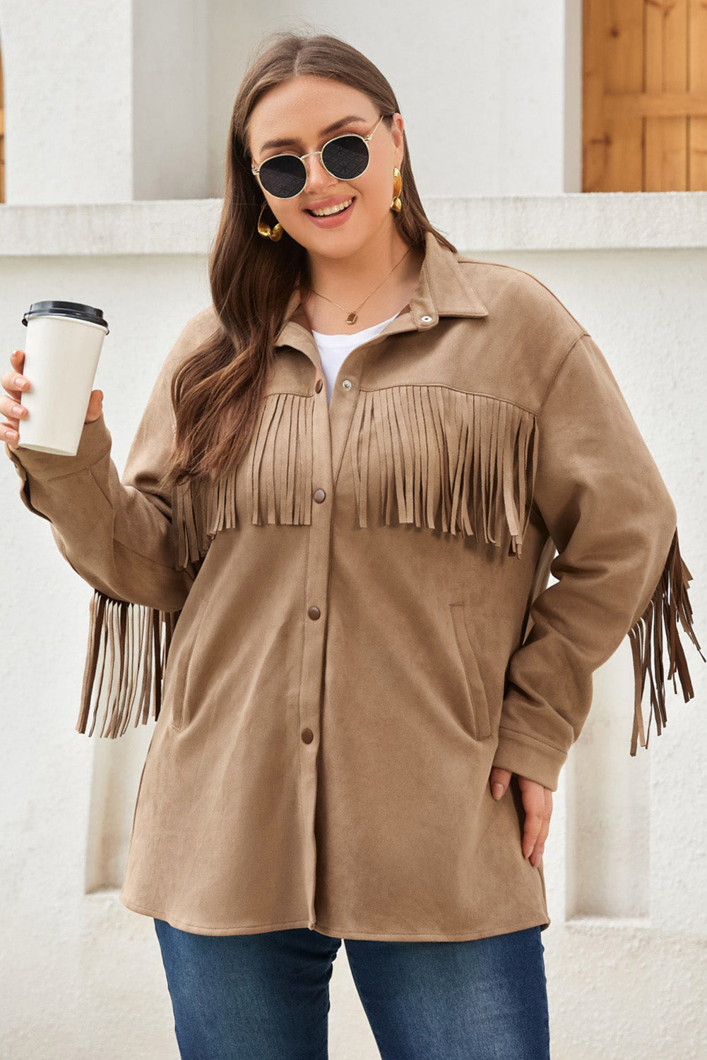 Khaki Fringe Trim Plus Size Suede Shacket BB Fashion Outlet