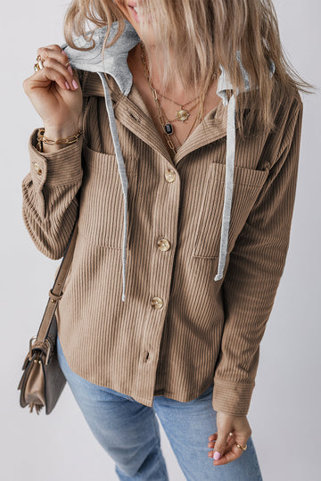 Pale Khaki Hooded Drawstring Pockets Corduroy Shacket eAura