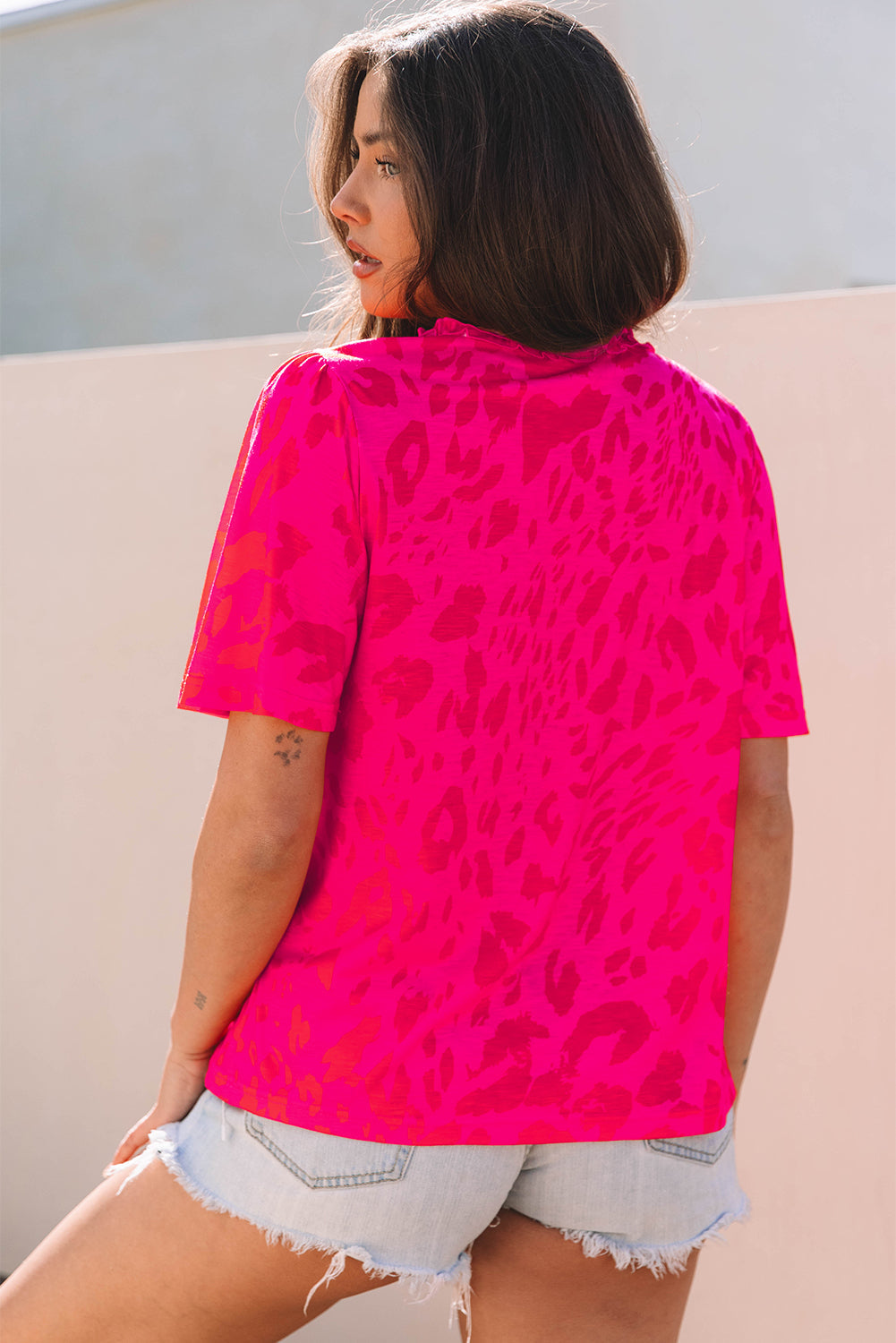 Rose Leopard Frilly V Neck Short Sleeve Blouse eAura