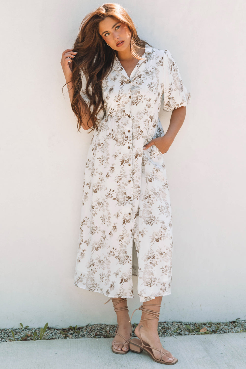 Khaki Floral Puff Sleeve V Neck Buttoned Front Maxi Dress eAura