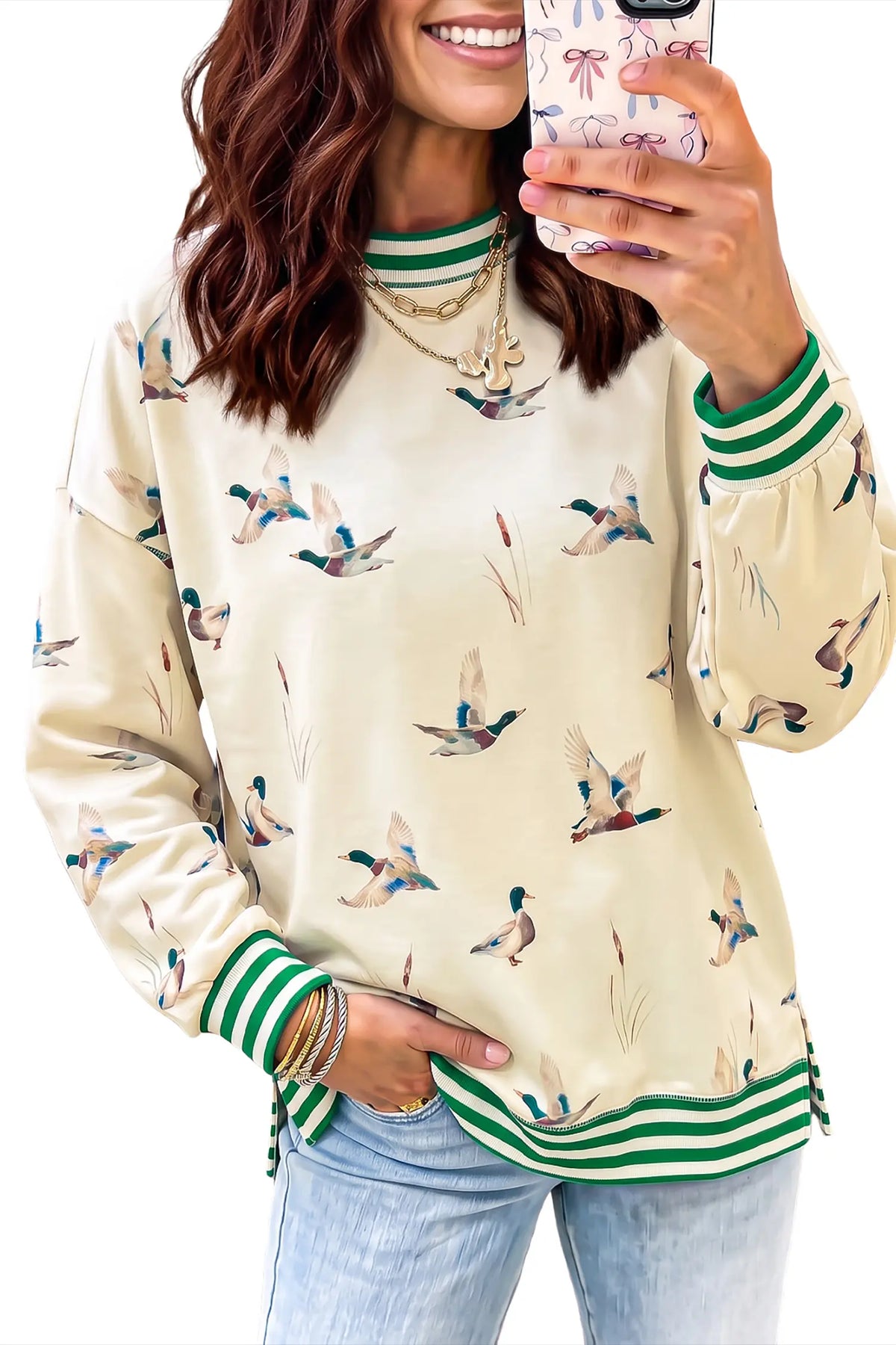Duck Print Striped Trim Cuffs Round Neck Casual Sweatshirt – Beige