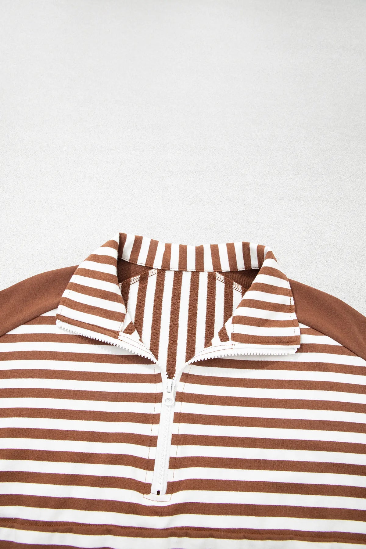 Colour Block Patchwork Quarter Zip Pullover Sporty Shorts Set – Brown Stripe