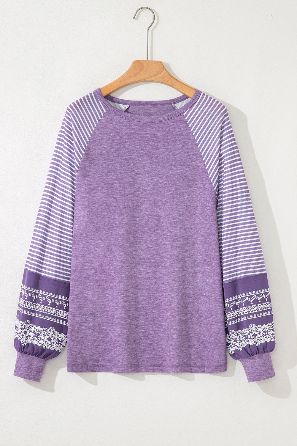 Contrast Print Striped Raglan Long Sleeve Loose Top - eAura