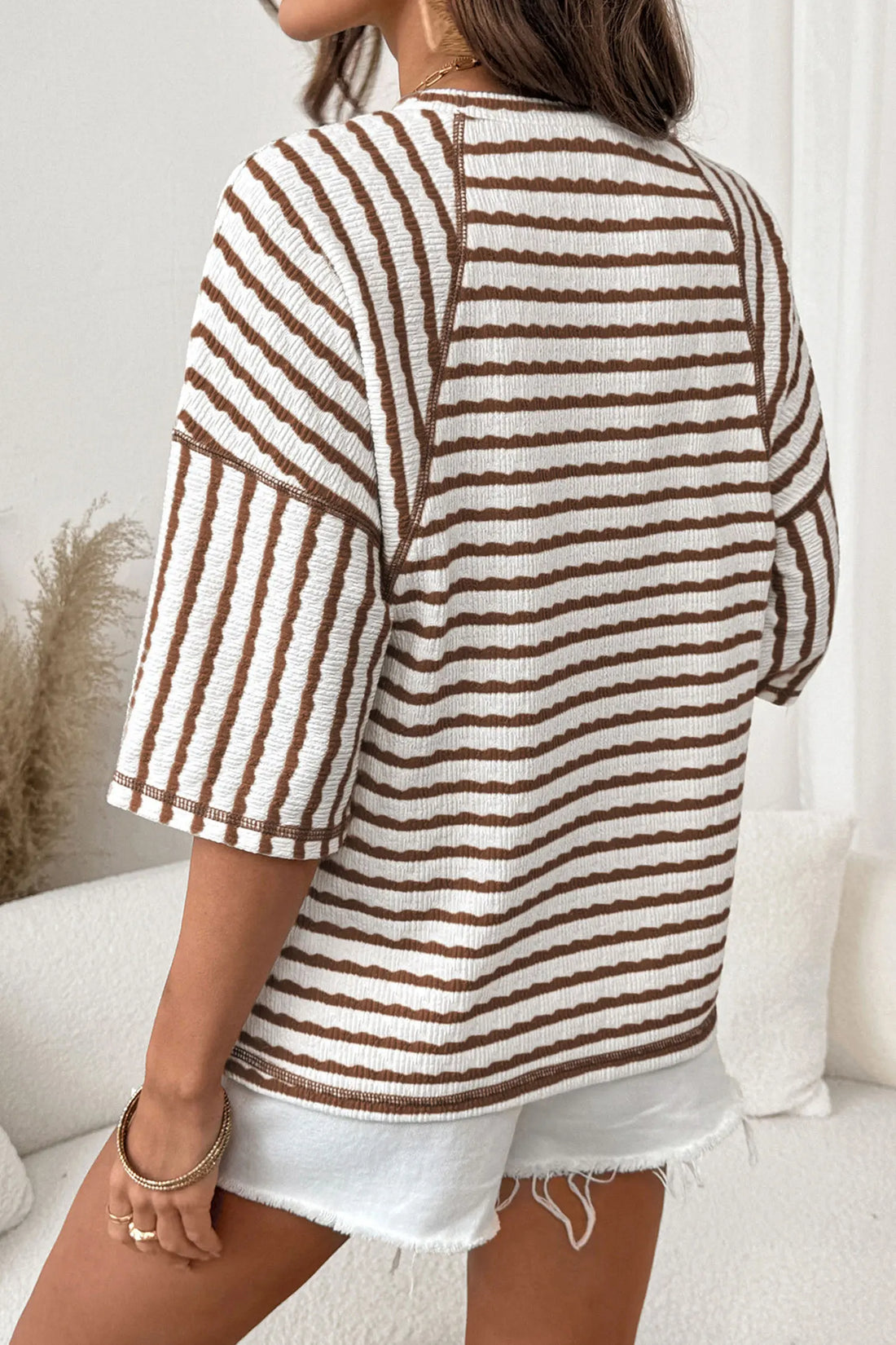 Striped Textured Knit Split Hem Half Sleeve Loose Top