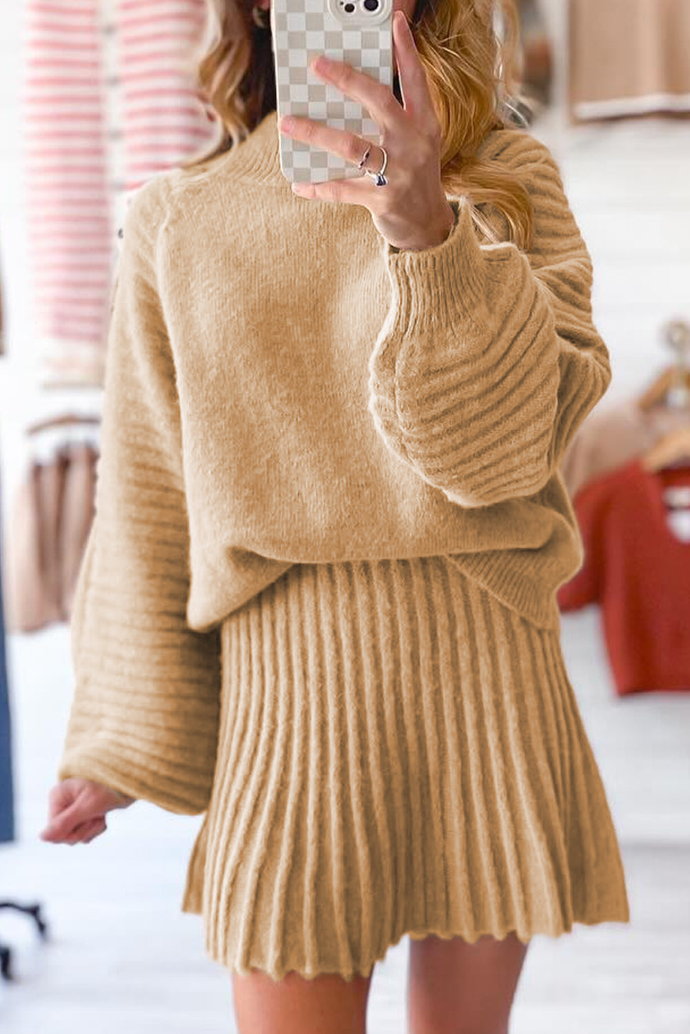 High Neck Puff Sleeve Sweater and Pleated Mini Skirt Co-ord Knit Outfit - eAura