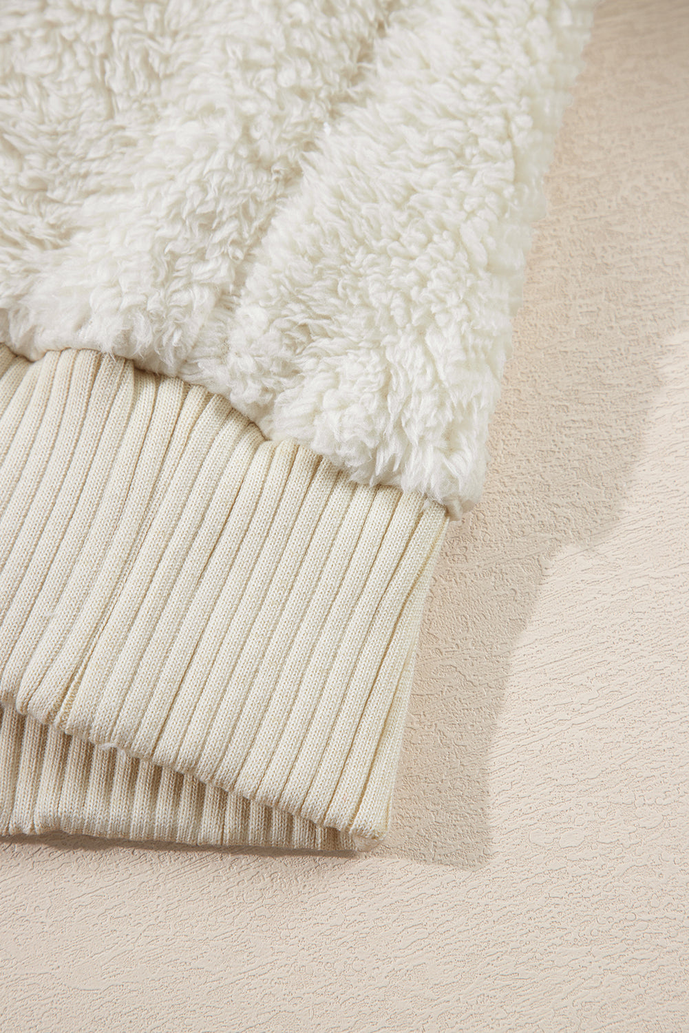White Contrast Ribbed Edge Plush Hoodie eAura