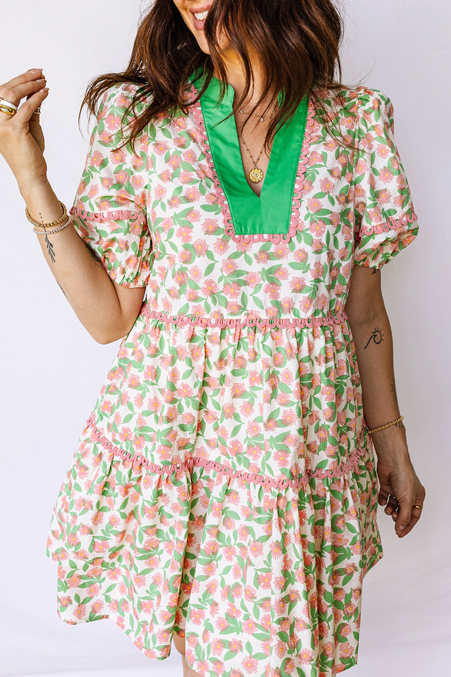 Green Contrast Neckline RicRac Trim Floral Short Puff Sleeve Dress