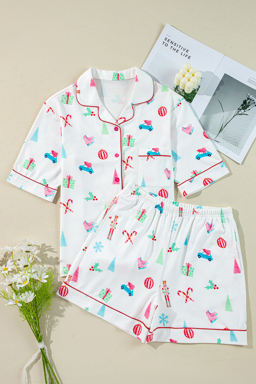 White Christmas Print Short Sleeve Shirt and Shorts Pyjama Set - eAura