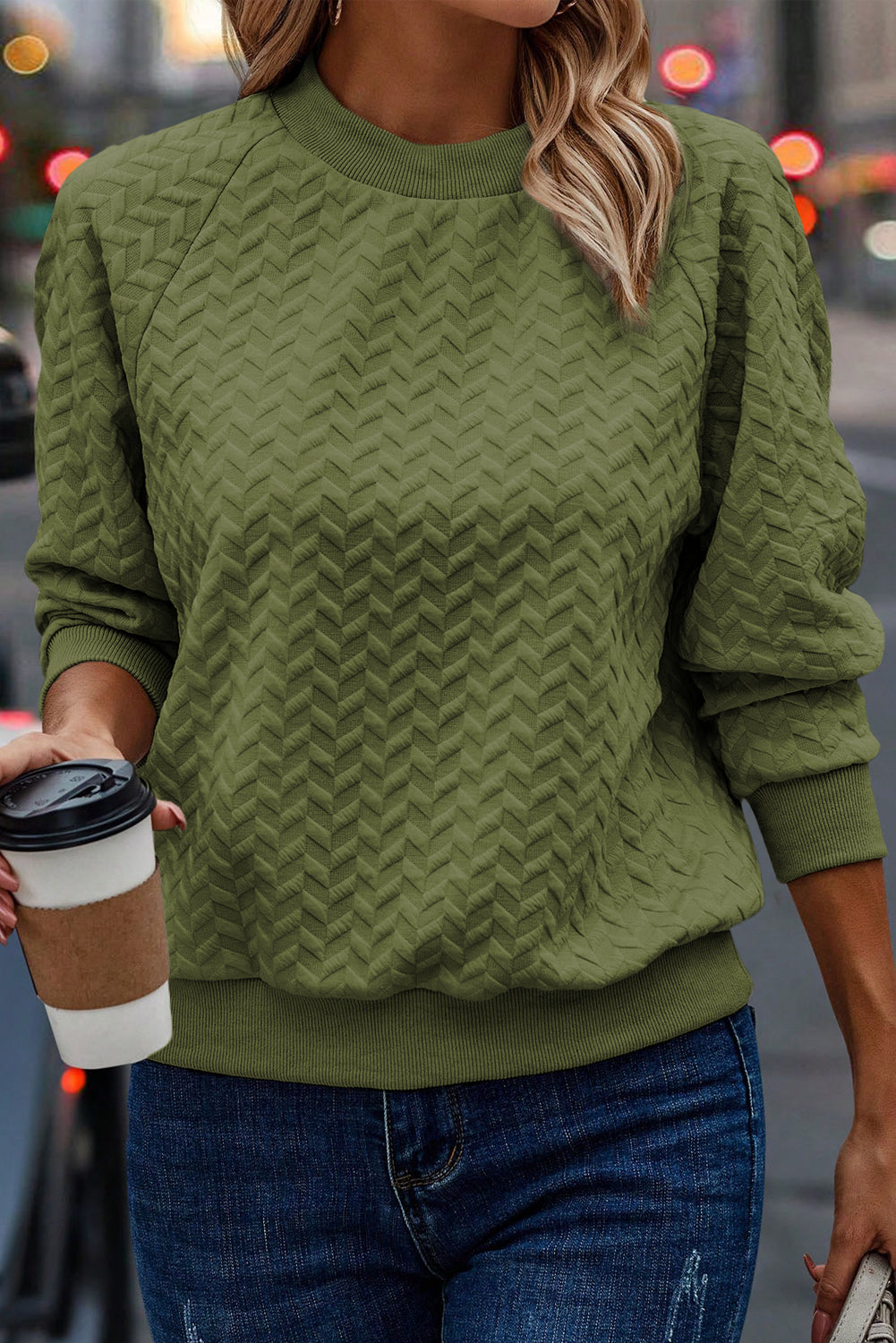 Chestnut Solid Textured Raglan Sleeve Pullover Sweatshirt eAura