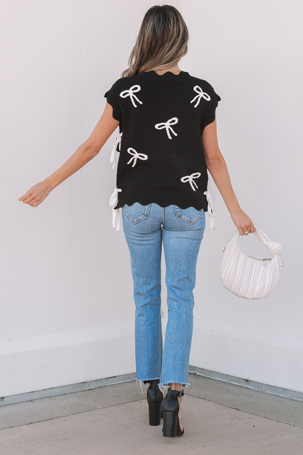 Black Bow Print Side Ties Scalloped Hem Sweater eAura