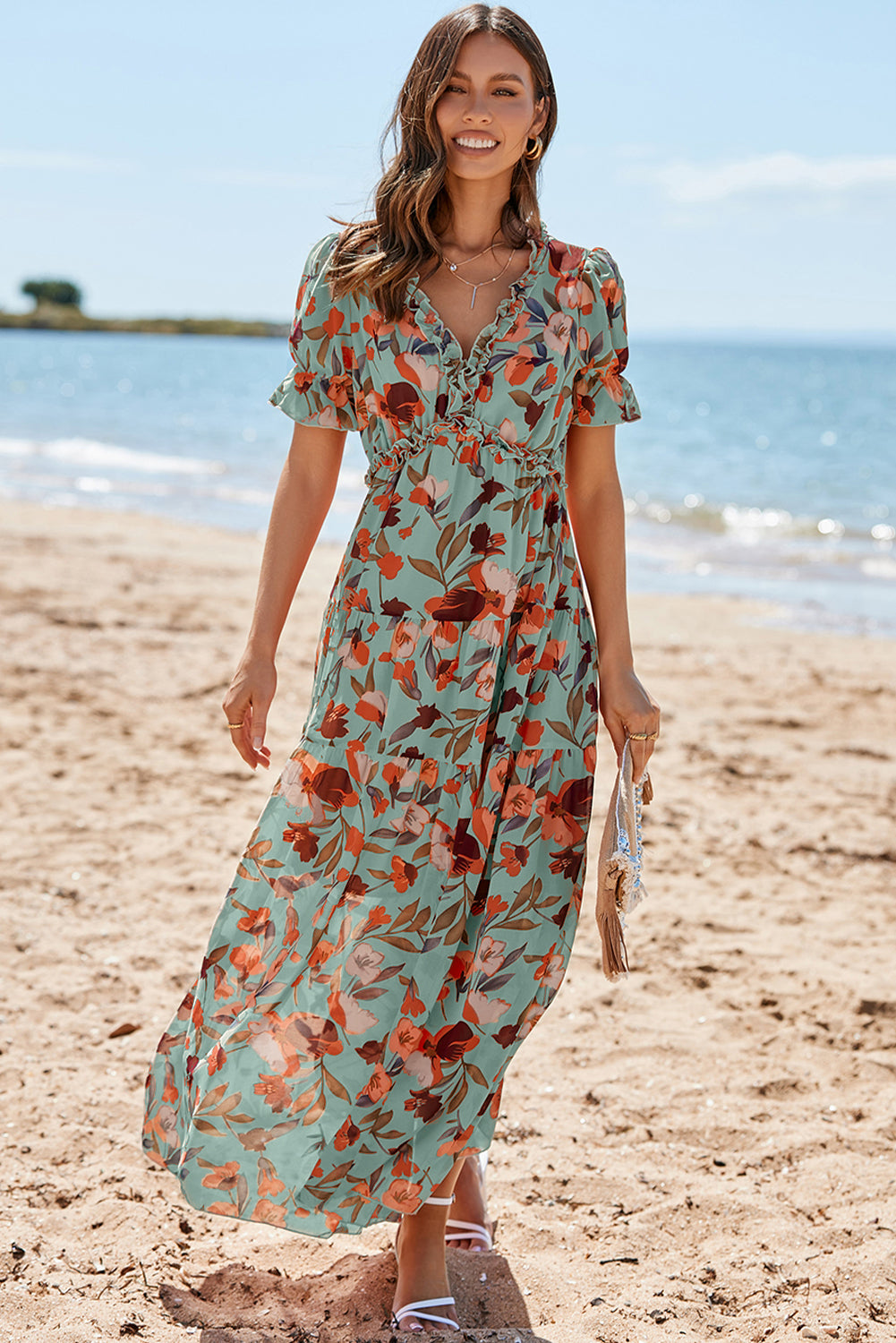 Floral Print Frilled V-Neck Short Sleeve Maxi Dress