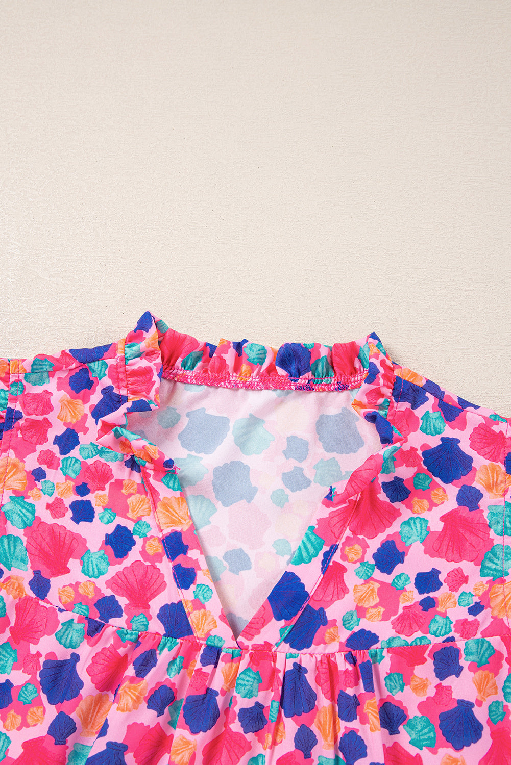 Rose Red Abstract Print Ruffled Sleeve V Neck Blouse eAura