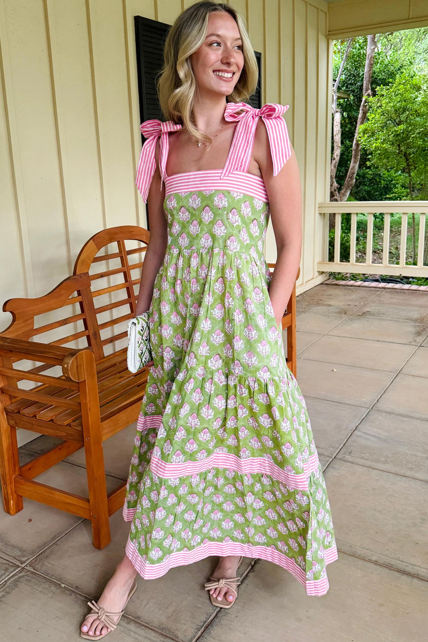 Floral Print Striped Knot Strap Maxi Dress – Green