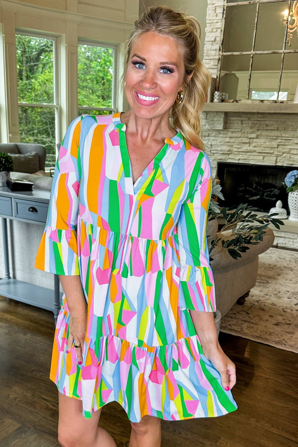 Orange Abstract Print Ruffled Sleeve V Neck Dress eAura