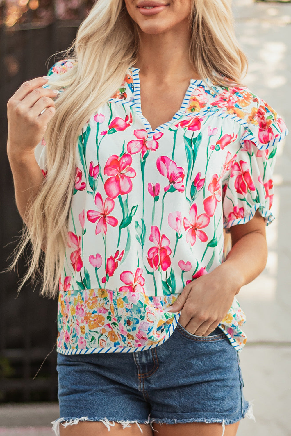 Pink Floral Print Striped Detail Split Neck Short Sleeve Blouse eAura