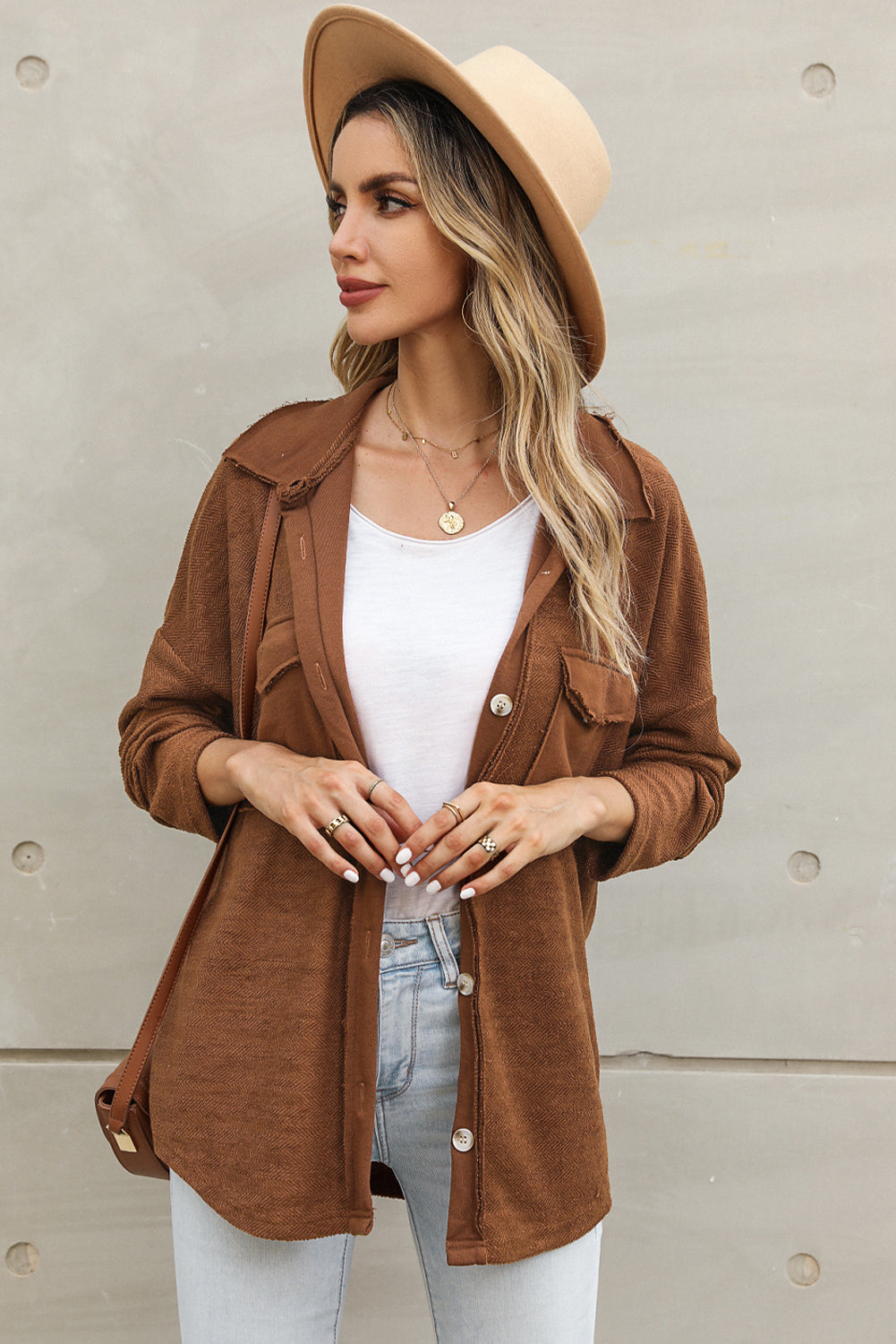 Grey Contrast Flap Pockets Relaxed Shacket Beagle Boutique Fashion Outlet