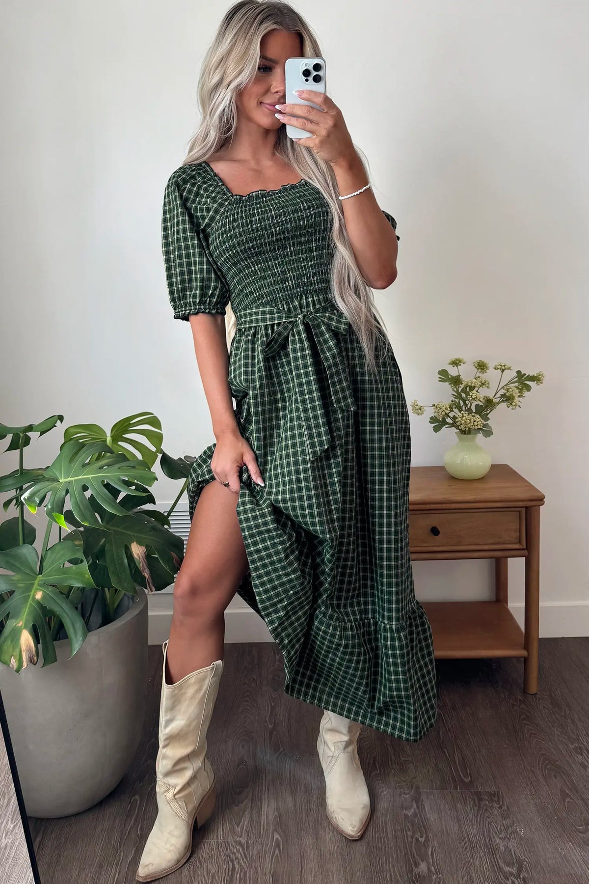 Plaid Square Neck Shirred High Waist Ruffle Hem Dress – Green