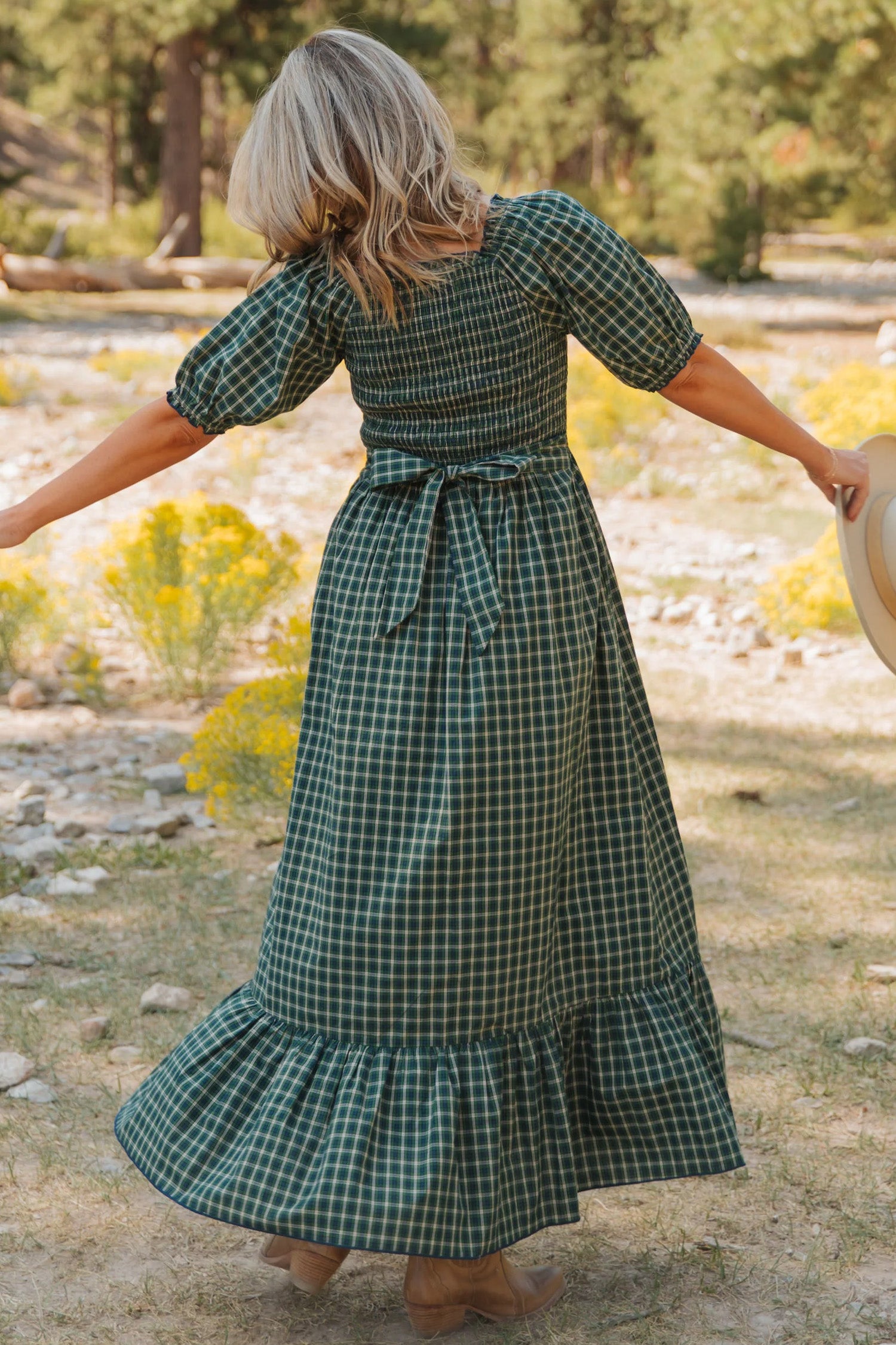 Plaid Square Neck Shirred High Waist Ruffle Hem Dress – Green