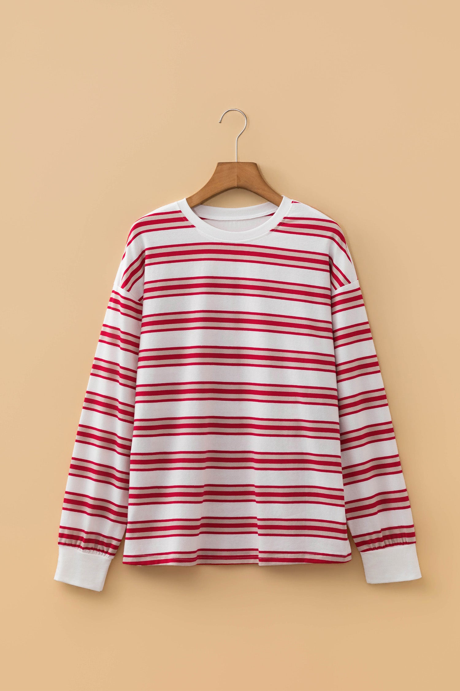Dropped Shoulder Long Sleeve Casual Pullover Top – Red Stripe