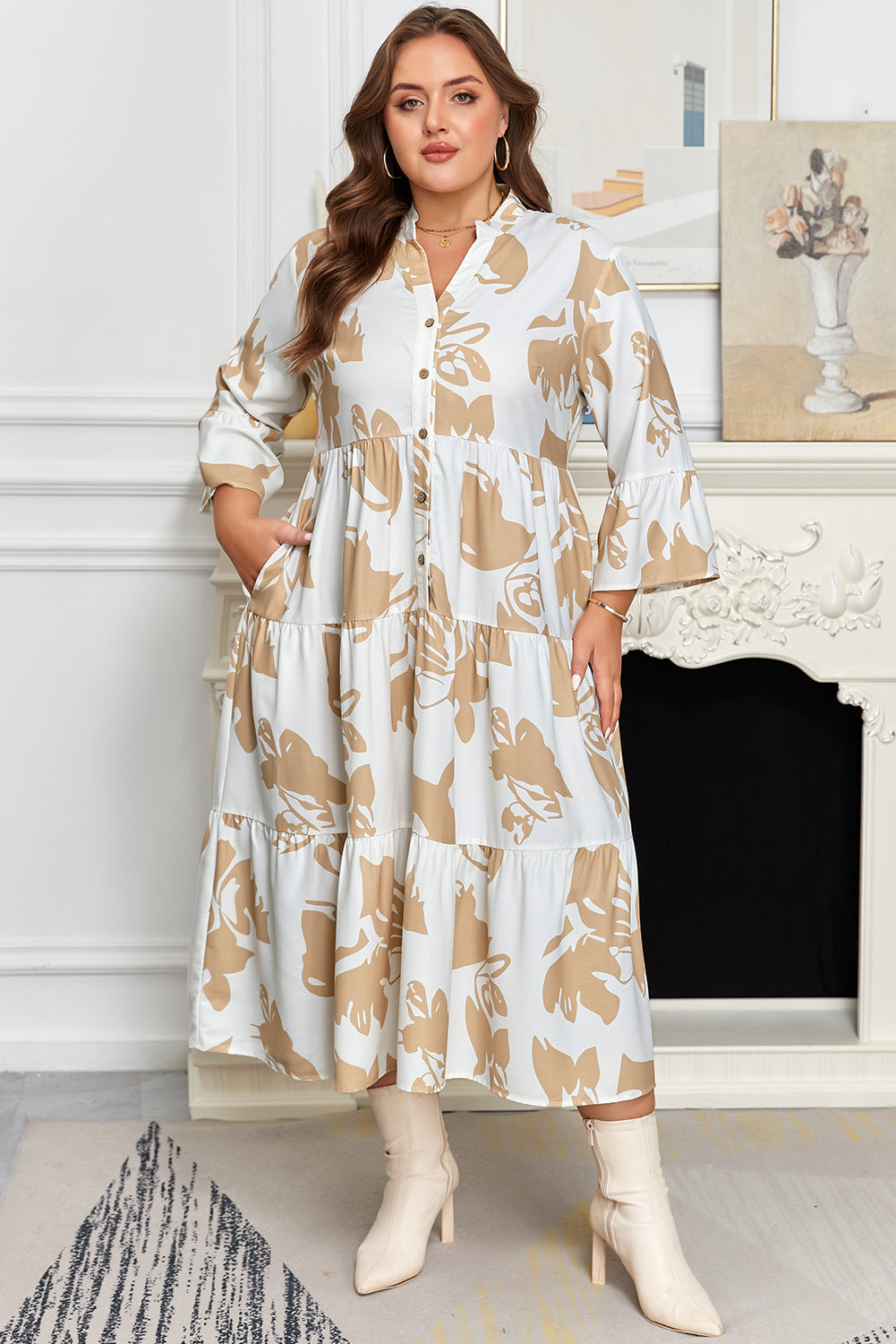 Ruffled Sleeve Half Placket Tiered A-line Plus Size Long Dress eAura