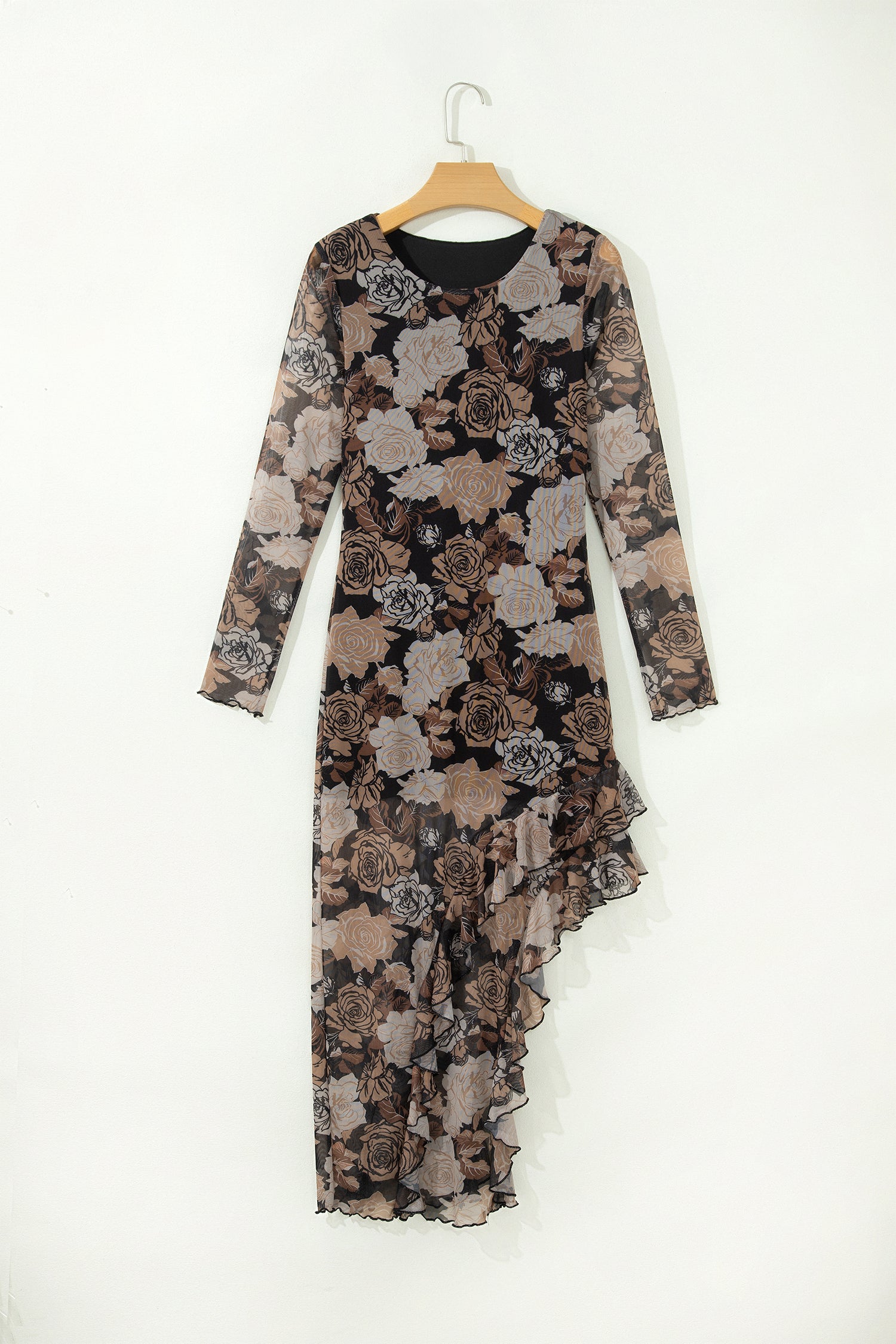 Floral Long Sleeve Asymmetric Ruffle Split Hem Mesh Dress – Black