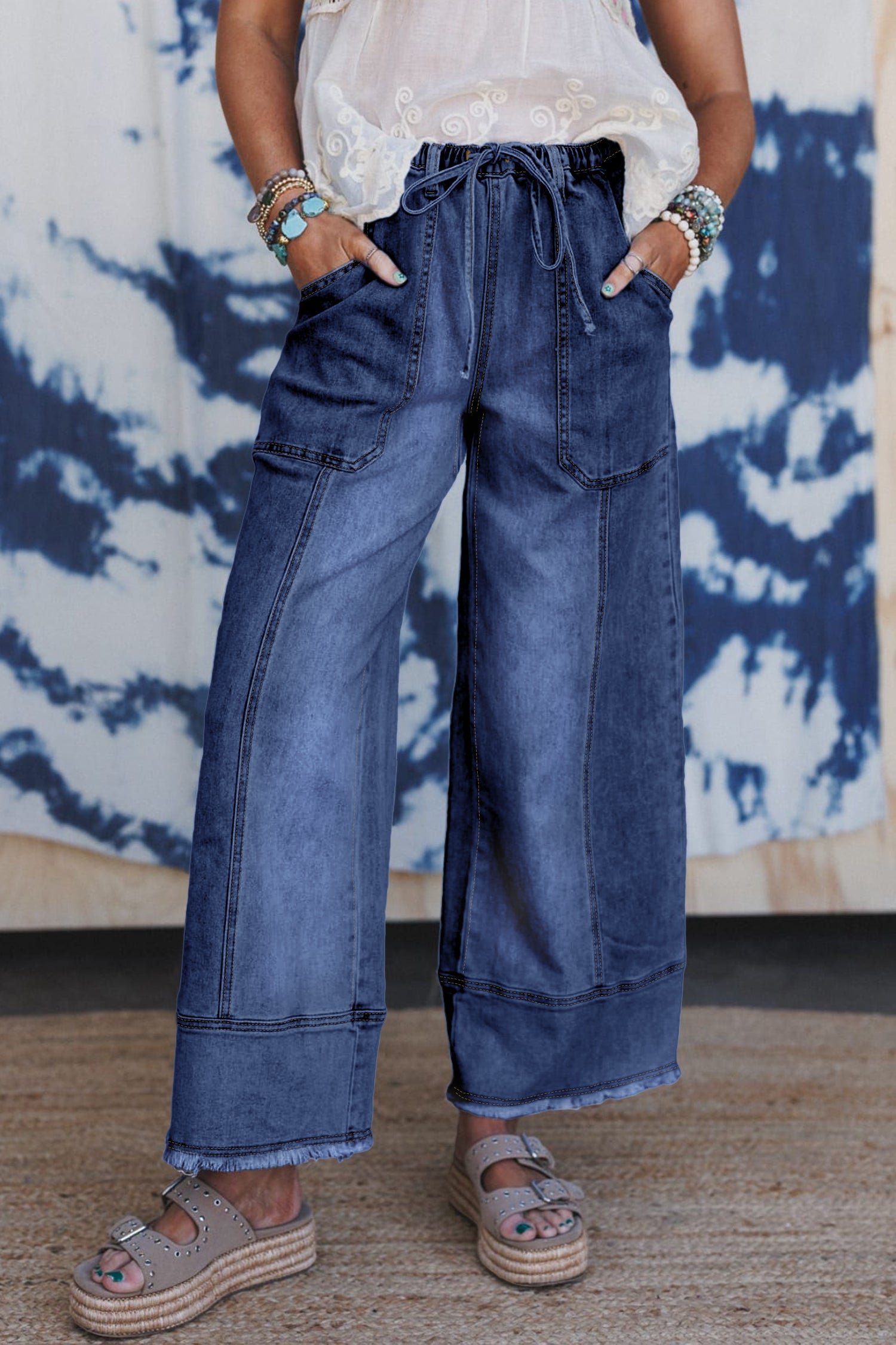 Drawstring Seam Detail Raw Hem Wide Leg Denim Jeans - eAura