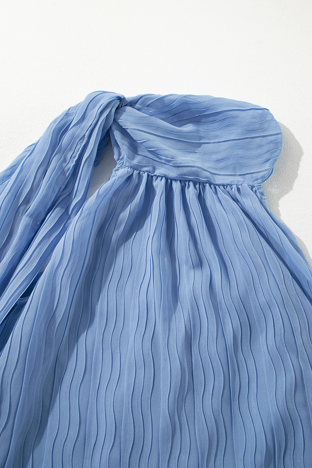 Myosotis Textured Pleated Tied Mock Neck Flowy Sleeveless Top eAura