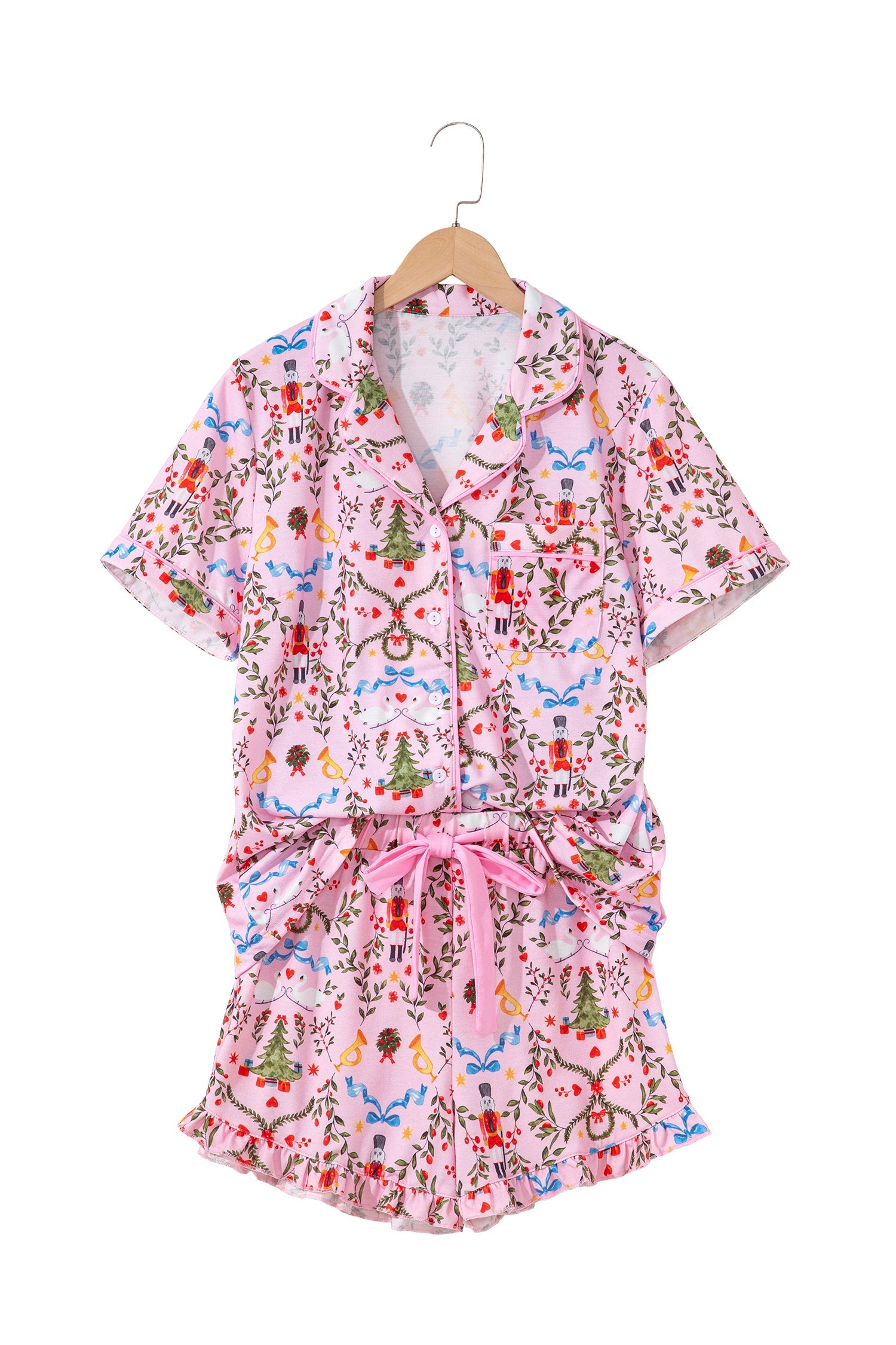 Nutcracker Doll Christmas Print Ribbon Tie Waist Short 2pcs Pajama Set - Loungewear & Sleepwear/Sleepwear
