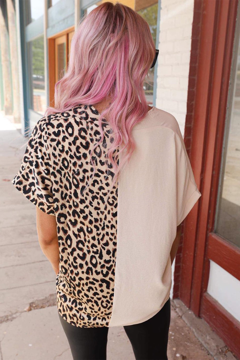 Khaki Contrast Leopard Colour Block Blouse eAura