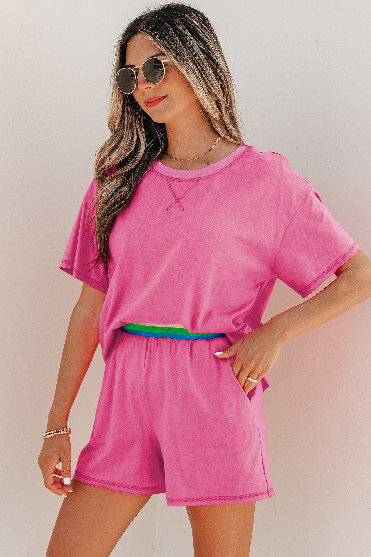 Seam Detail Raw Edge Tee Rainbow Waistband Casual Short Set