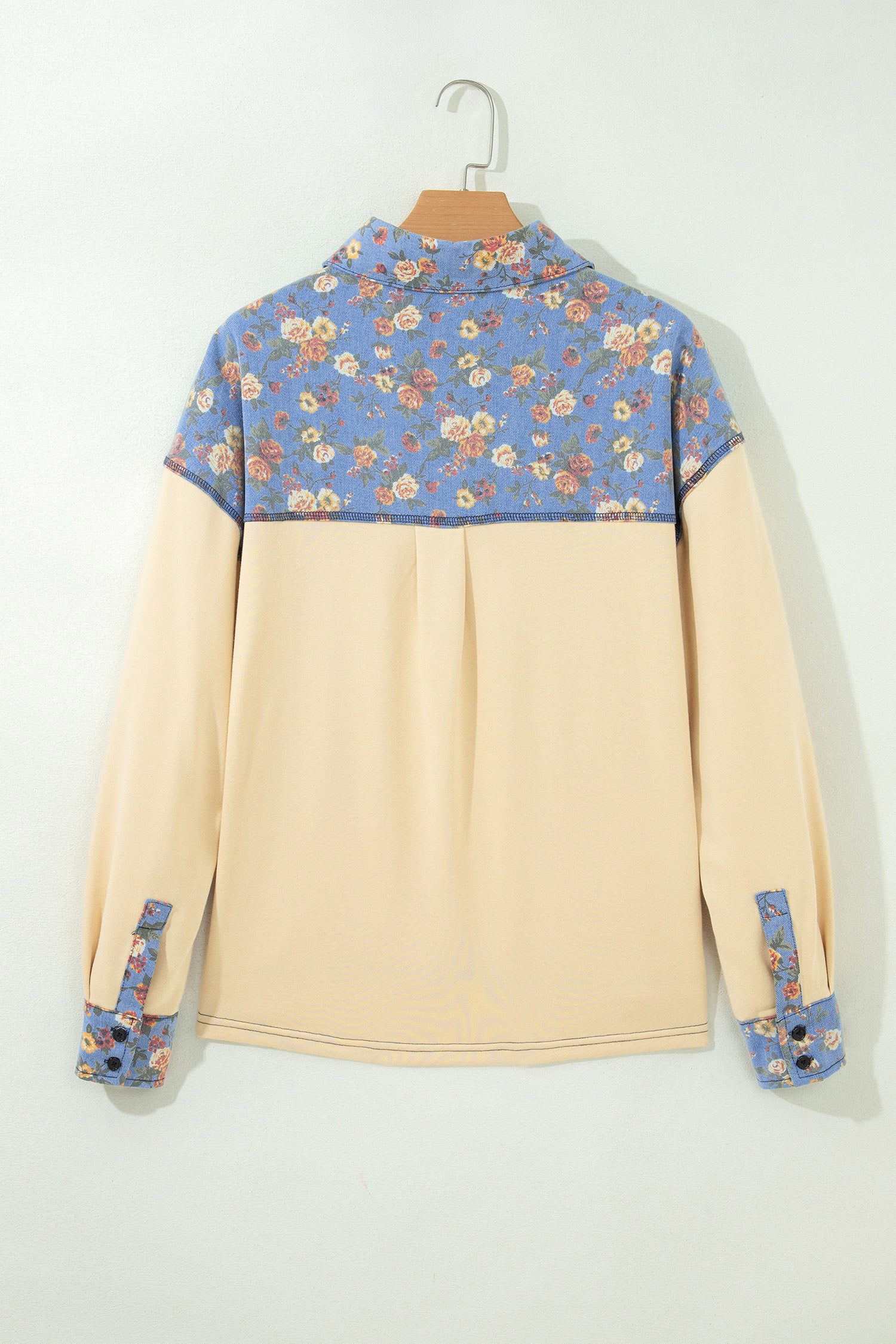Floral Denim Patchwork Collar V Neck Long Sleeve Pullover Top – Apricot