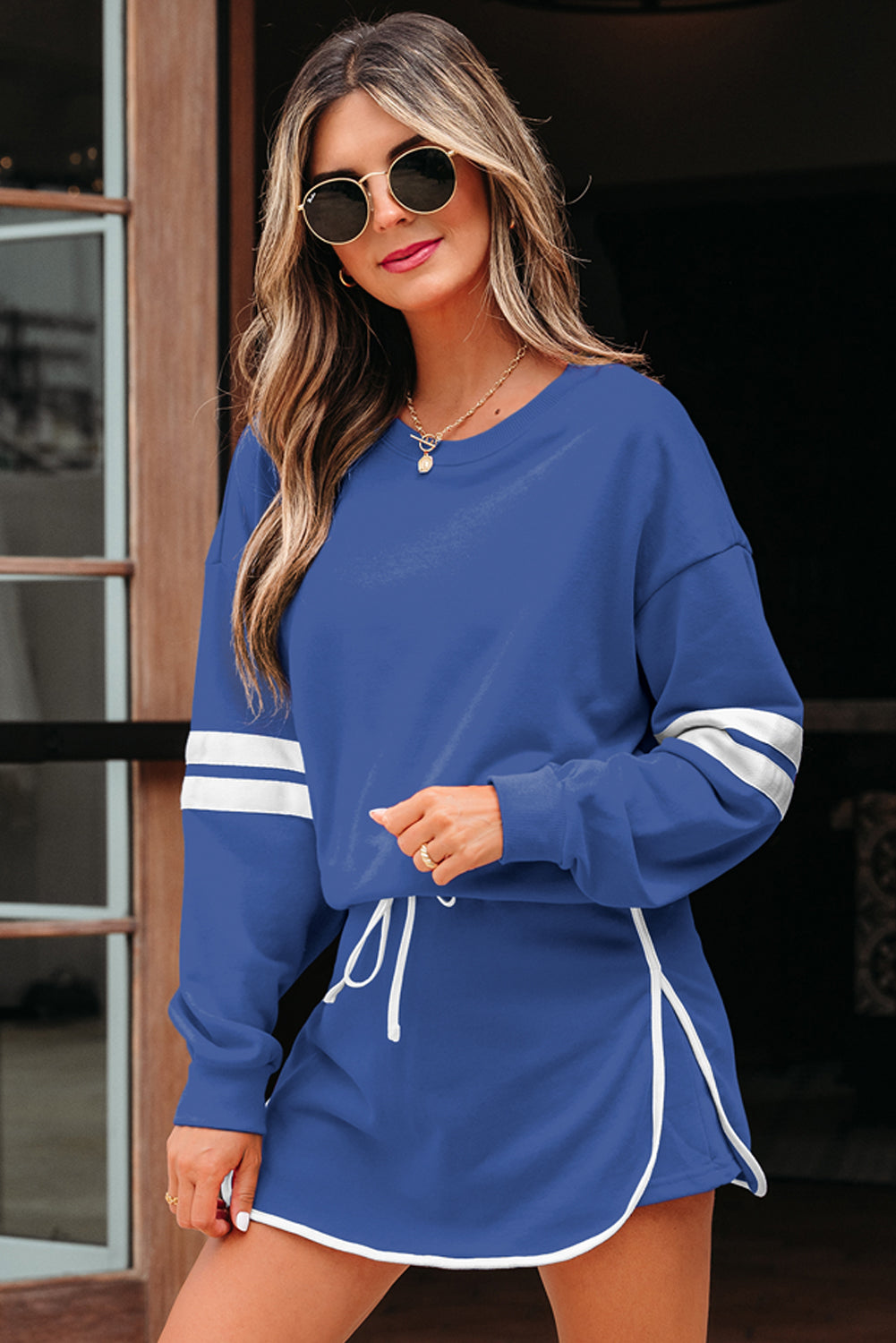 Varsity Stripe Detail Drop Shoulder Pullover Mini Skort Co-ord Set - eAura