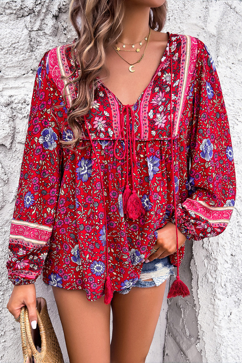 Traditional Print Tassel Tie Front Blouse - eAura