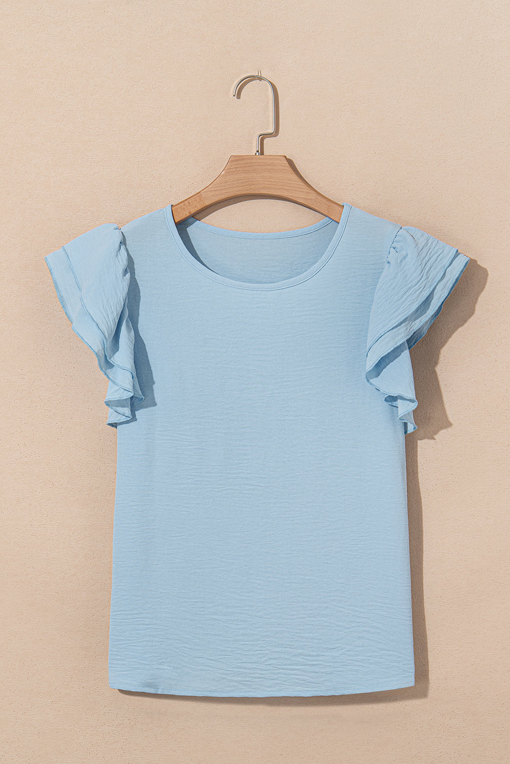 Mist Blue Solid Colour Ruffled Short Sleeve Casual Blouse eAura