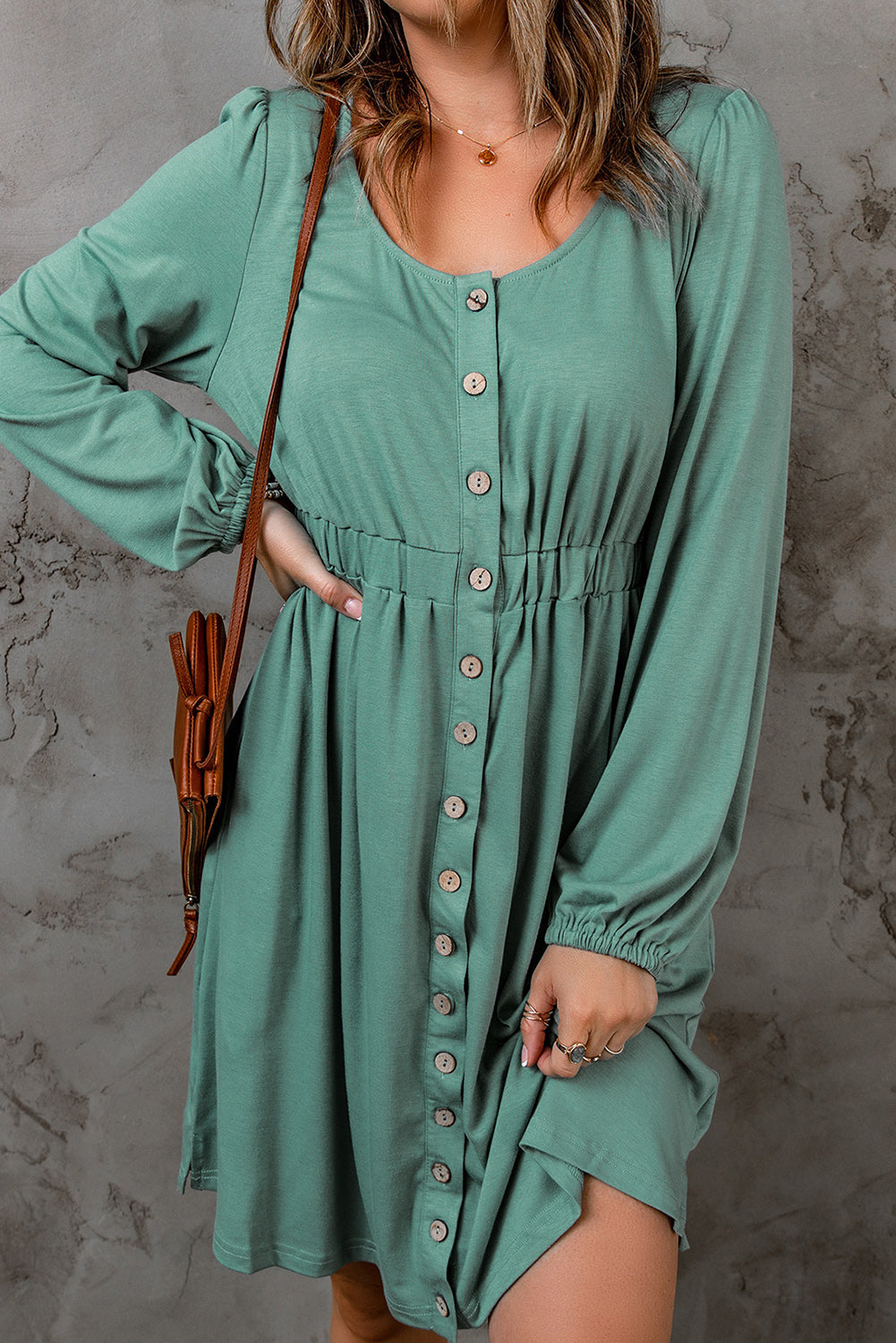Green Button Up High Waist Long Sleeve Dress eAura