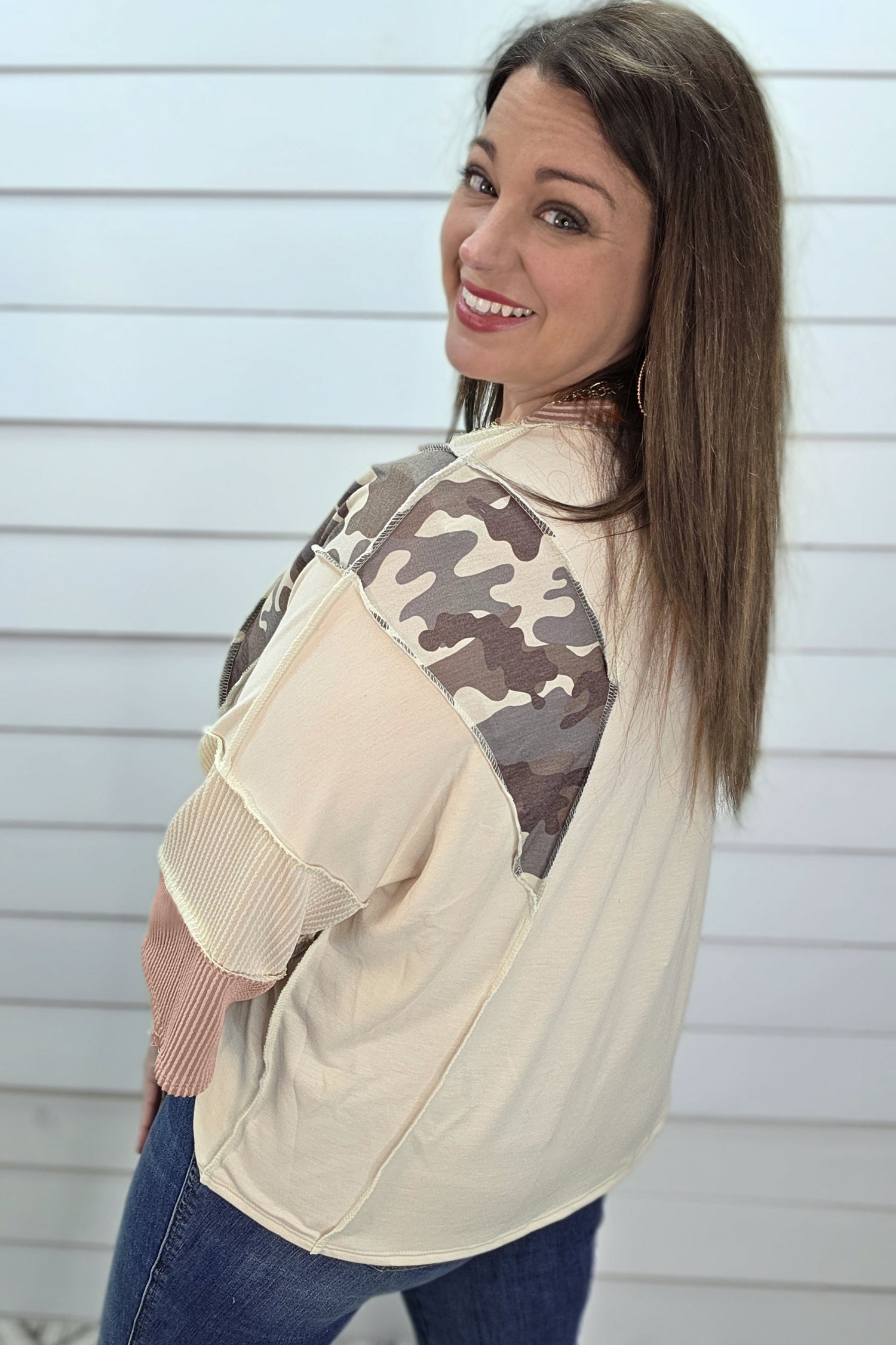 Apricot Camouflage Panel Twist Rib Sleeve Round Neck Loose Fit Plus Size Blouse – Beige