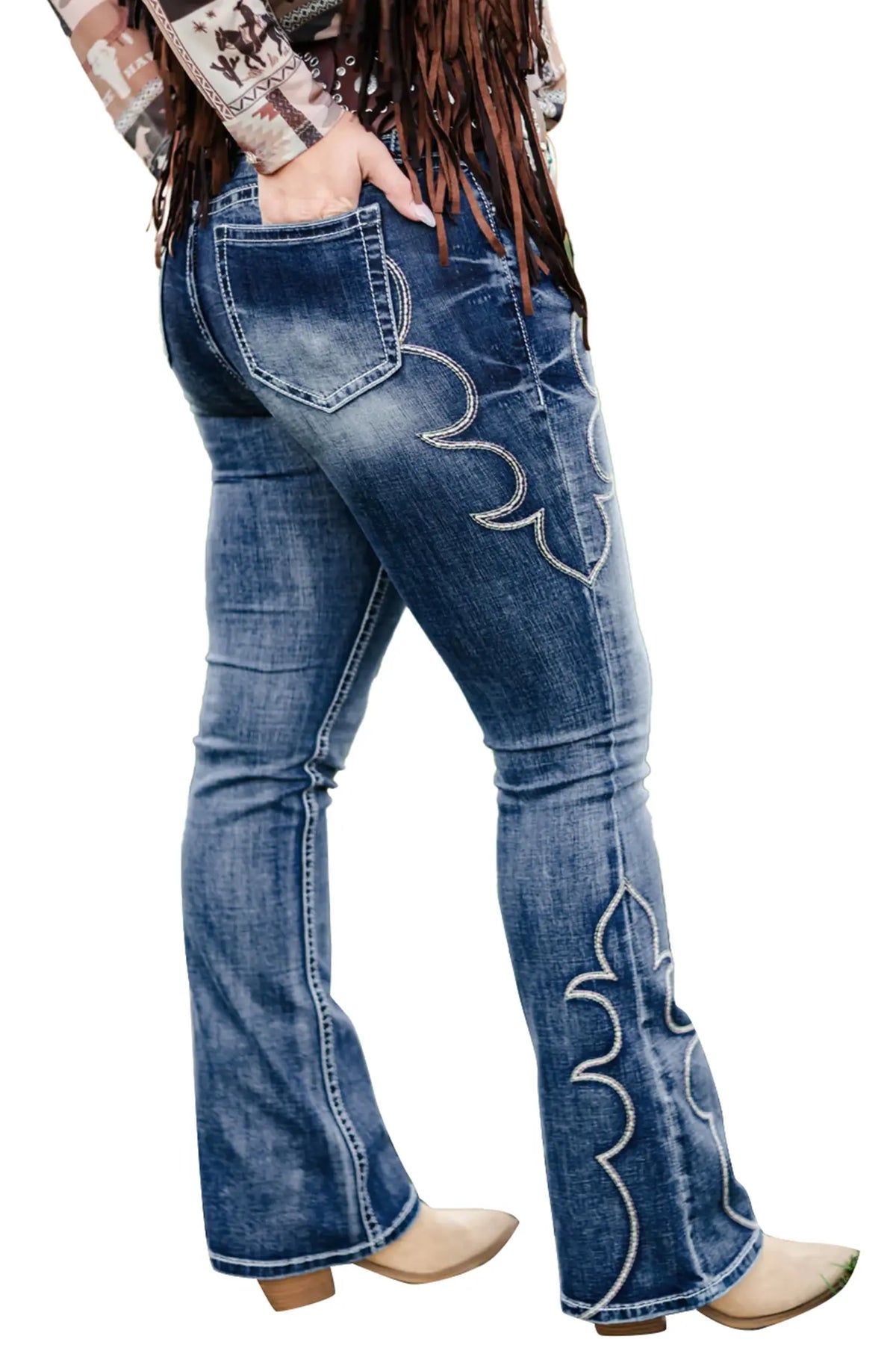 Western Embroidered Flare Full Length Jeans – Blue