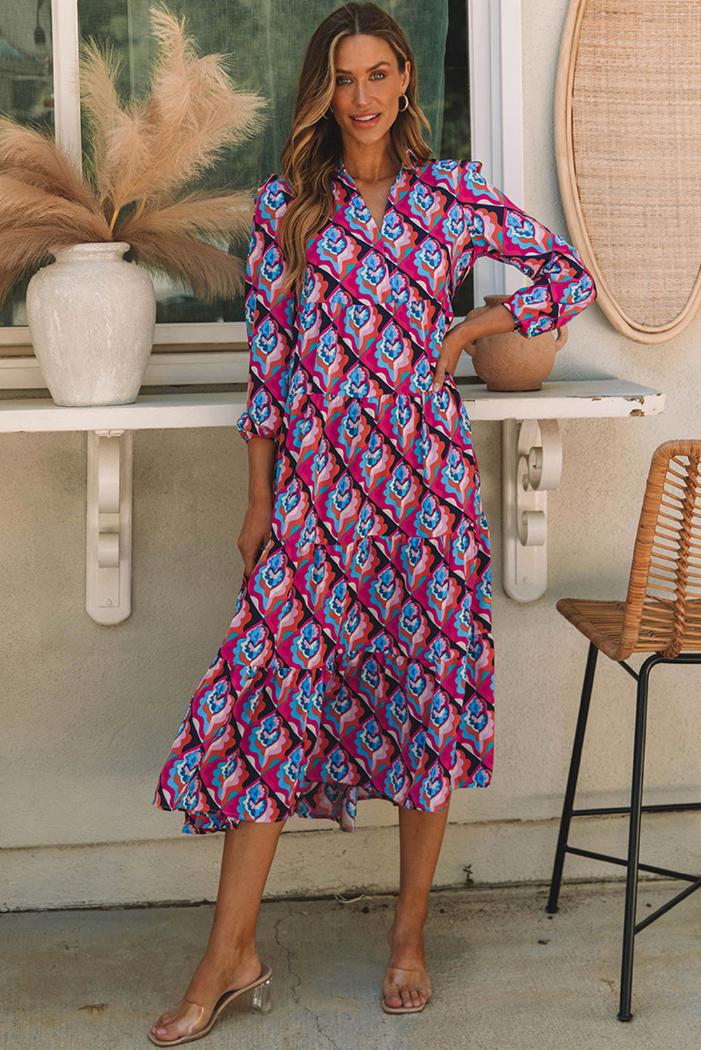 Abstract Geometric Print Long Sleeve High Waist Dress eAura